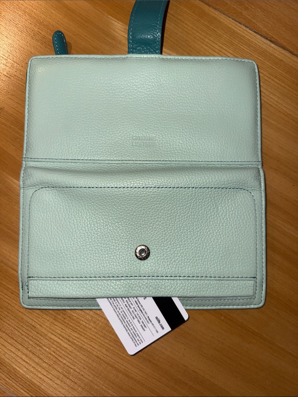 Genuine Leather Mint Green Wallet with Teal Snap Strap - Picture 7 of 7